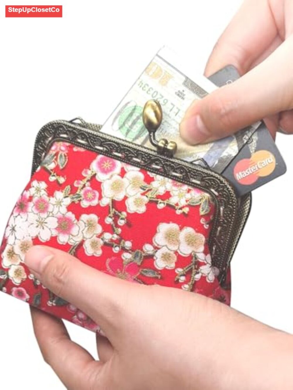 Cotton Floral Kiss Lock Coin Purse Wristlet Clutch - Picture 3 of 6